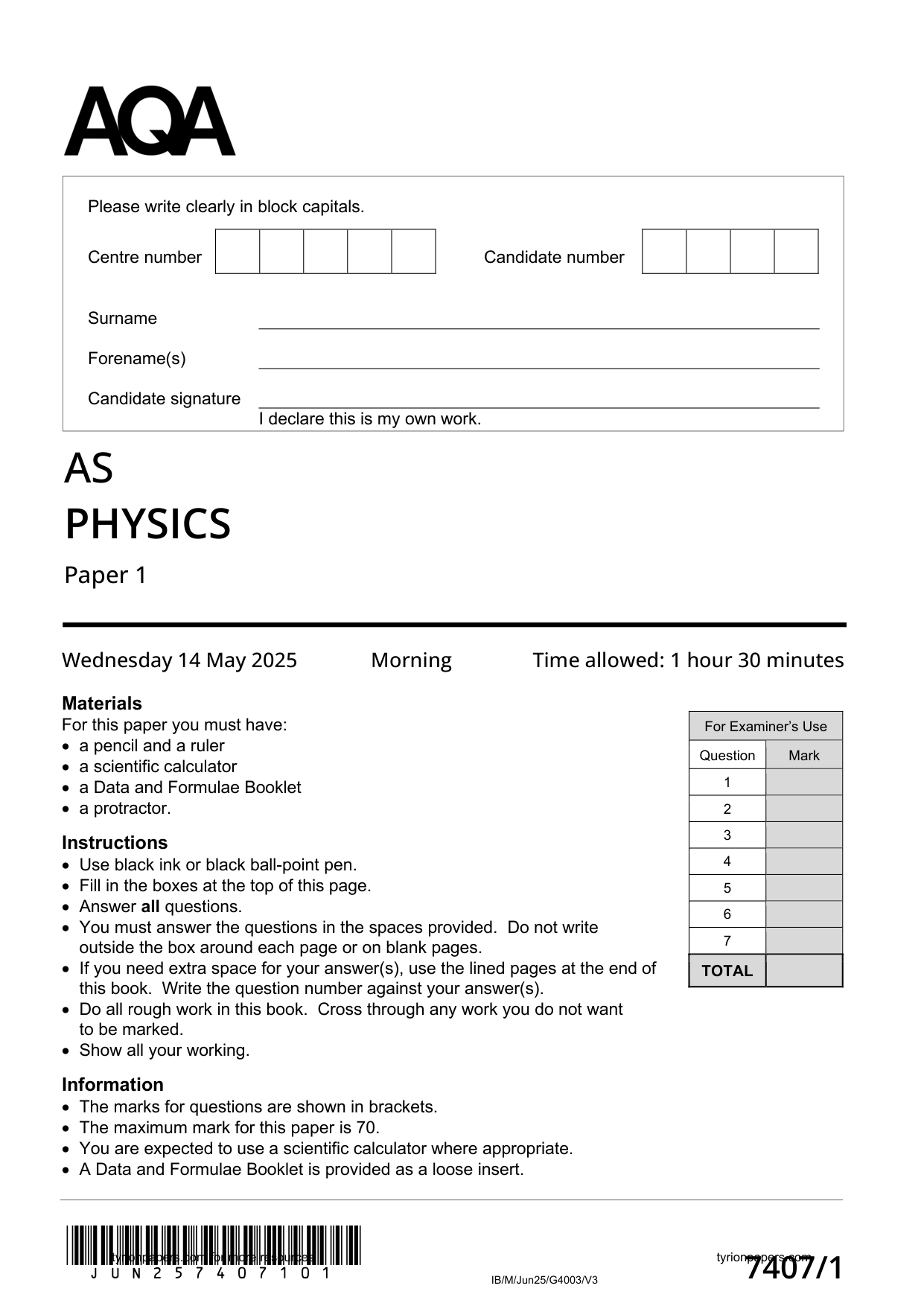 AQA AS Physics Paper 1 2025 Worked Solutions