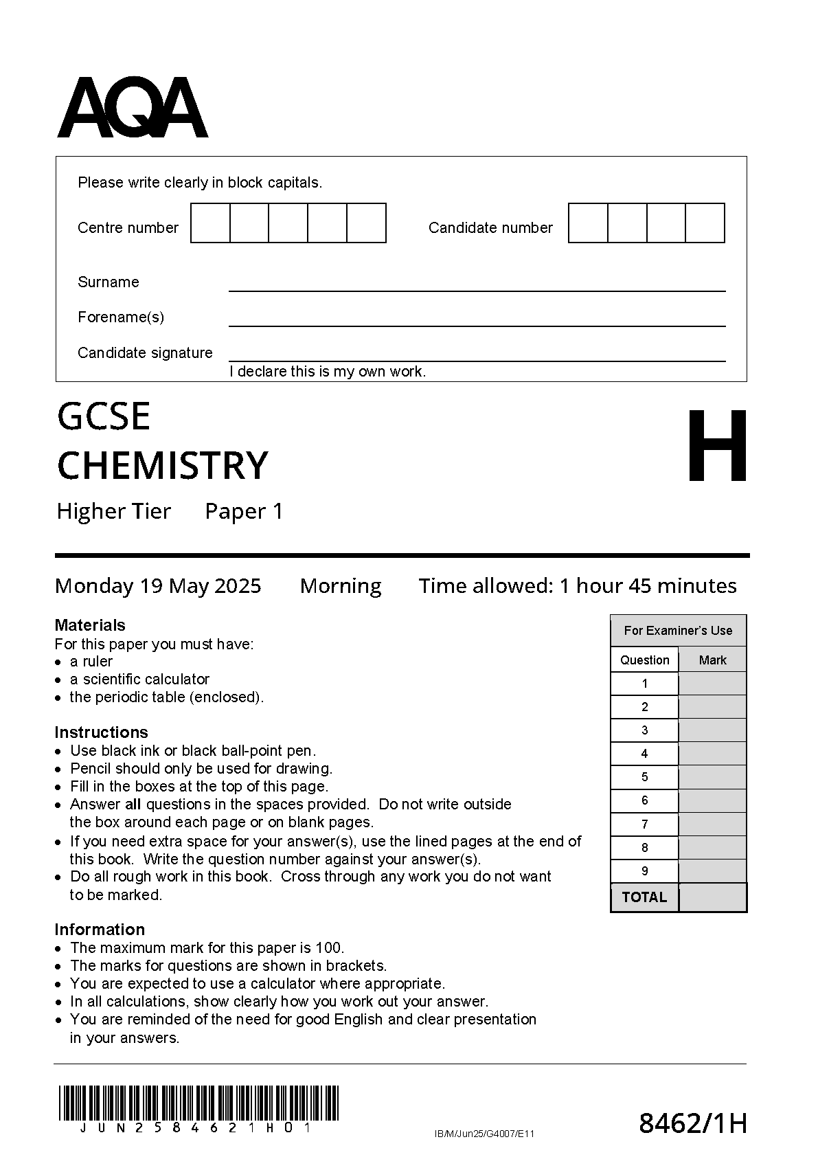 AQA GCSE Chemistry Paper 1H 2025 Question PDF IMG-1