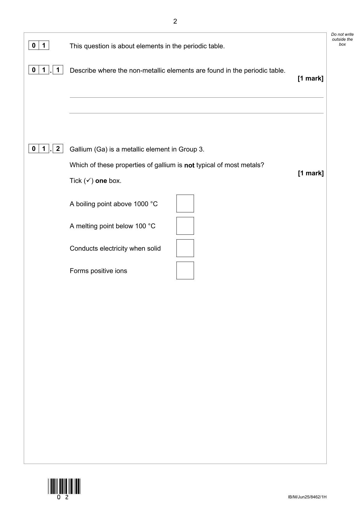 AQA GCSE Chemistry Paper 1H 2025 Question PDF