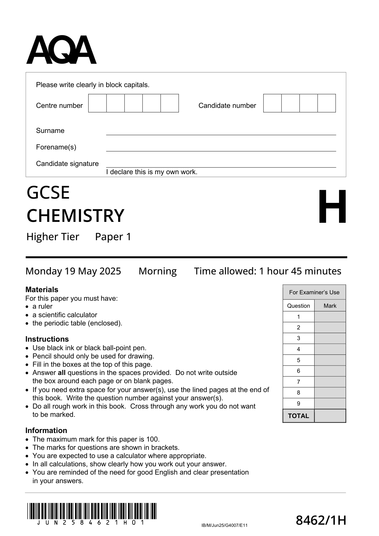AQA GCSE Chemistry Paper 1H 2025 Question PDF