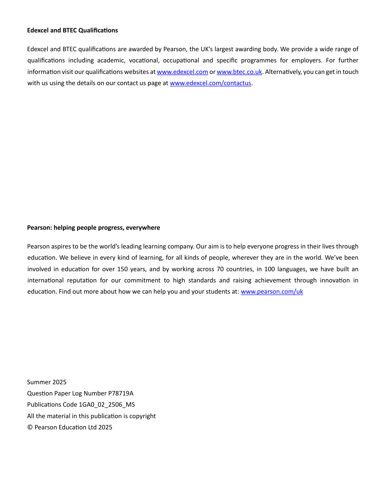 Pearson Edexcel GCSE Geography A Paper 2 2025 Mark Scheme