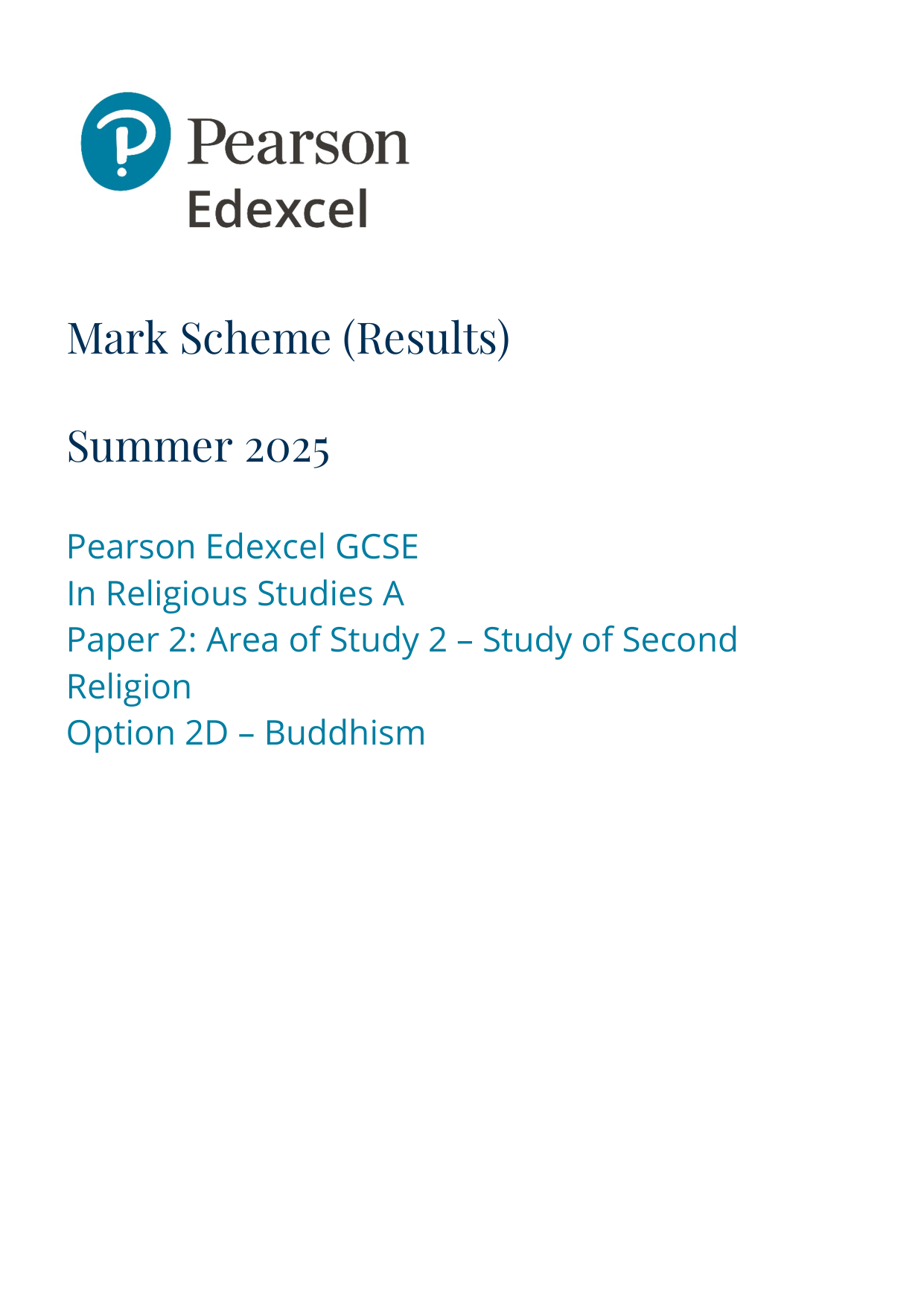 Pearson Edexcel GCSE Religious Studies Paper 2D 2025 MS