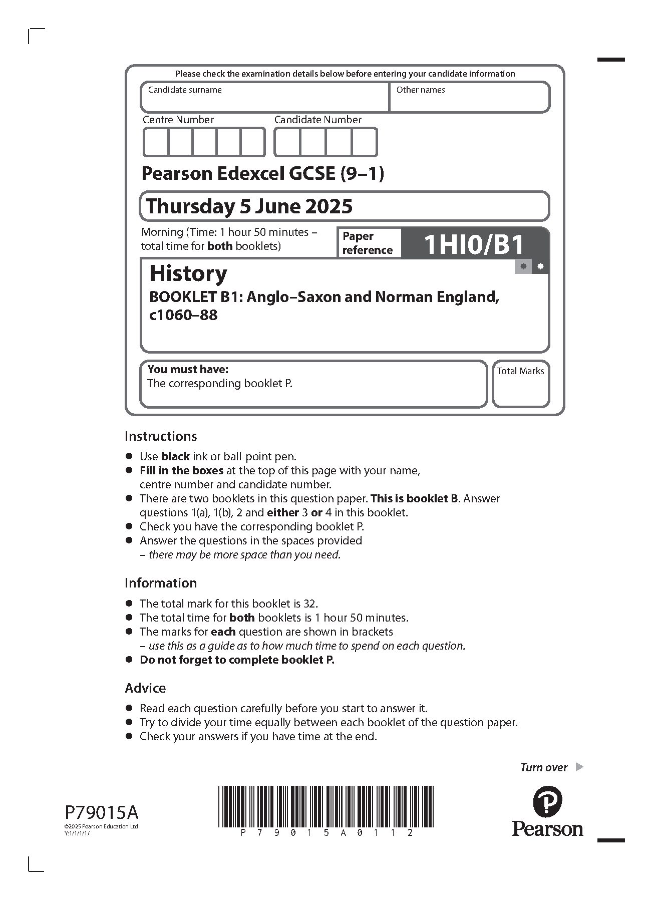 Pearson Edexcel GCSE History Paper B1 2025 Question Paper