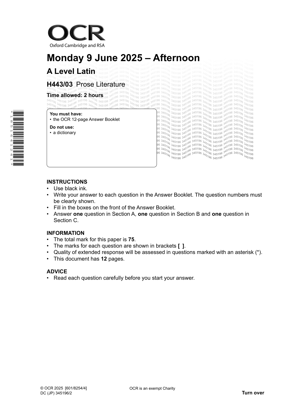 OCR A Level Latin Paper 3 2025 Question Paper