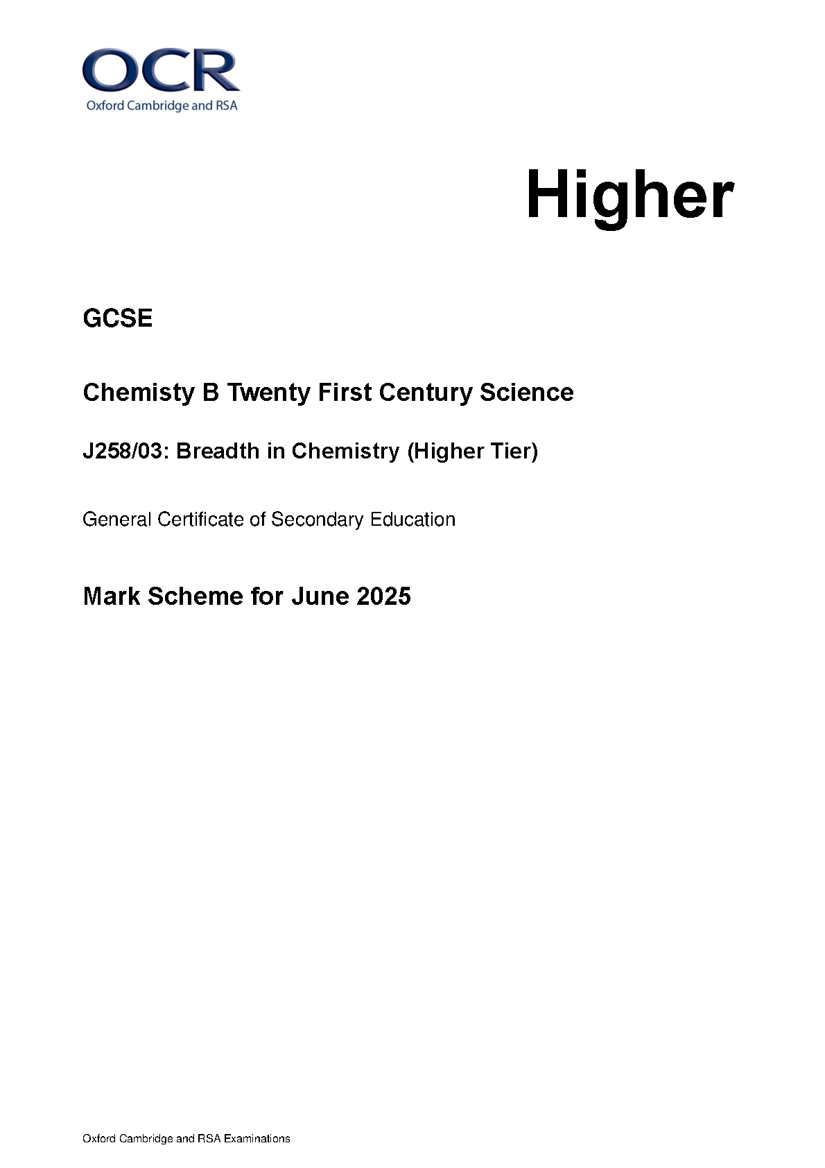 OCR GCSE Chemistry B Paper 3 2025 Mark Scheme