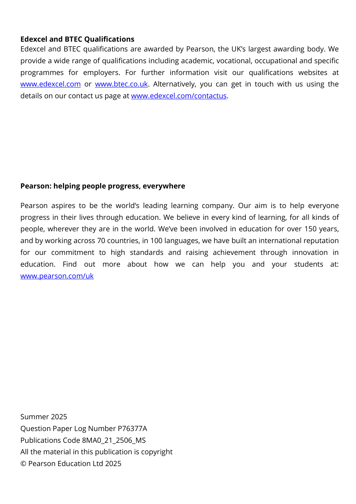 Pearson Edexcel AS Mathematics Paper 21 2025 Mark Scheme PDF