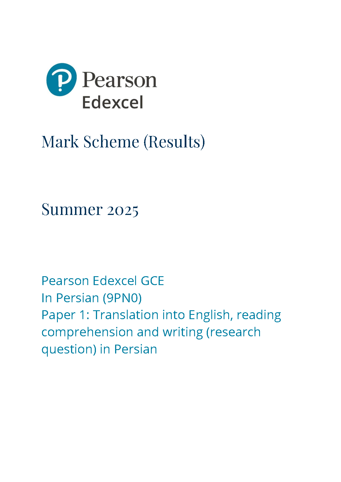 Pearson Edexcel A Level Persian Paper 1 2025 Mark Scheme IMG-1