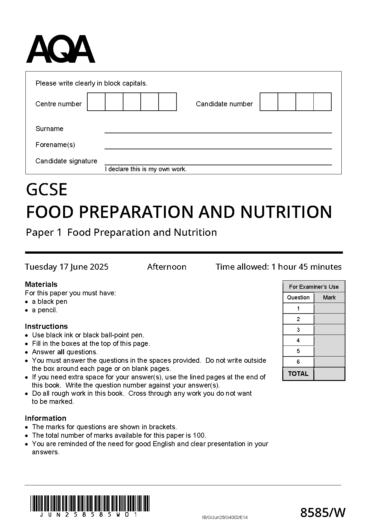 AQA GCSE Food Preparation and Nutrition 2025 Paper 1 QP IMG-1