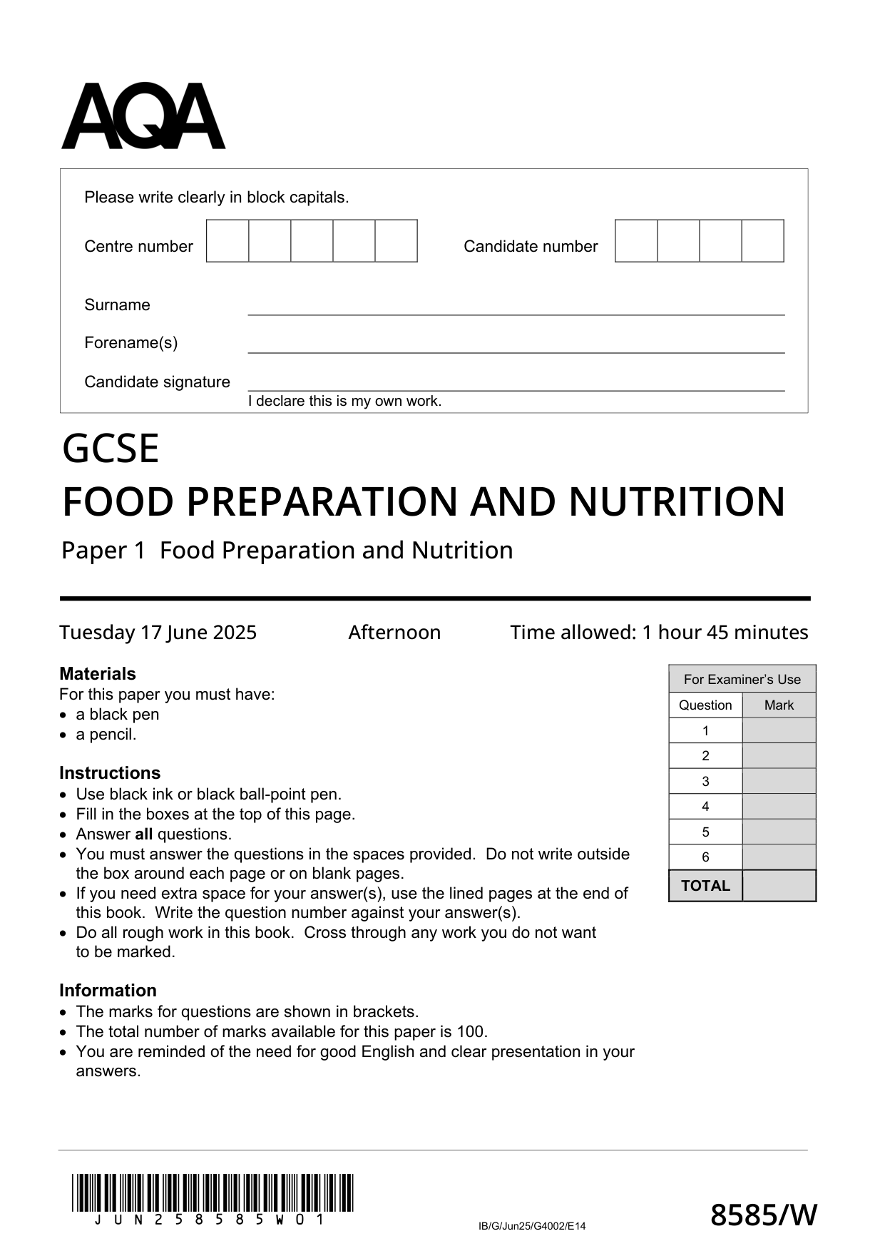 AQA GCSE Food Preparation and Nutrition 2025 Paper 1 QP