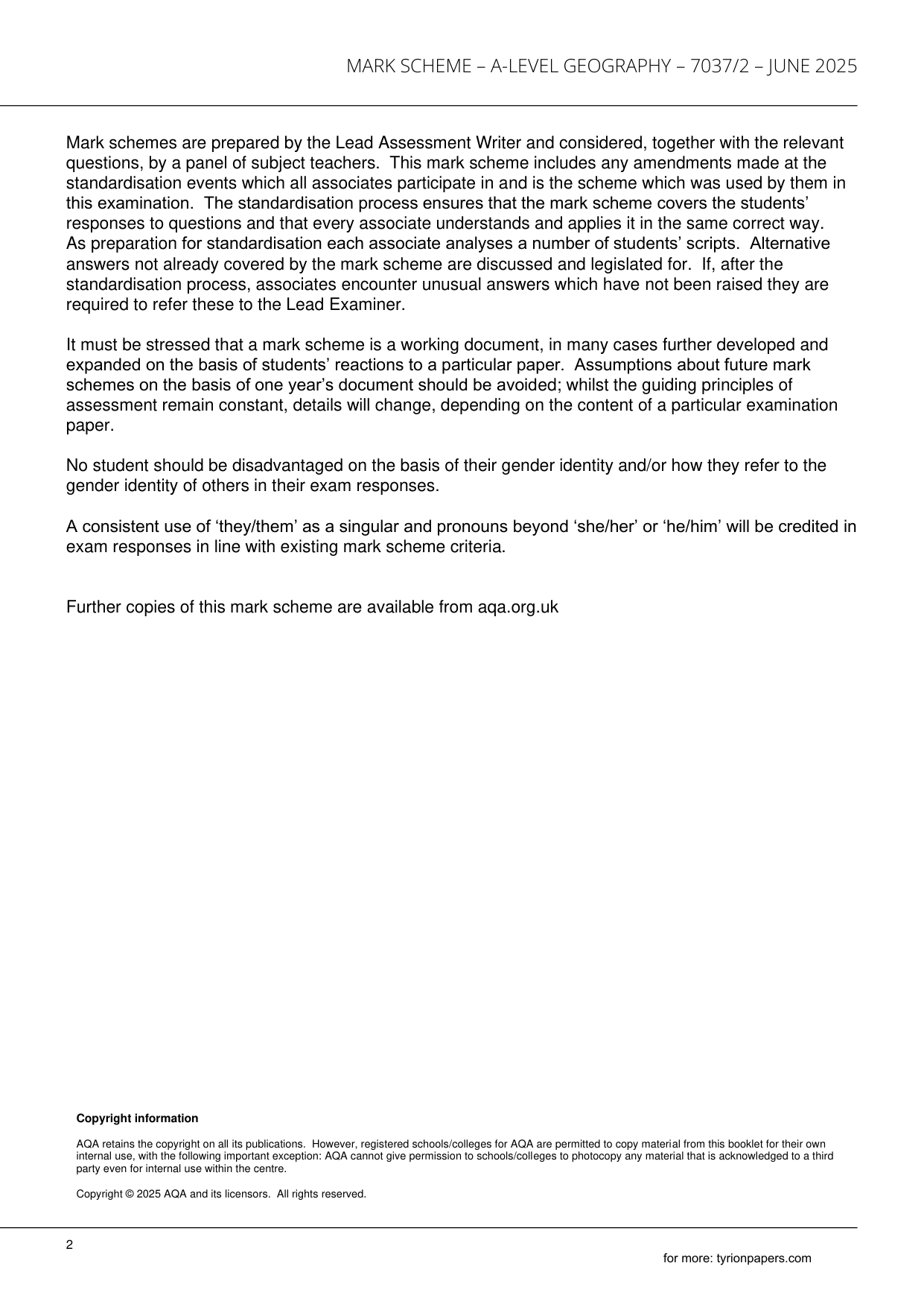 AQA A Level Geography Paper 2 2025 Mark Scheme 7037/2