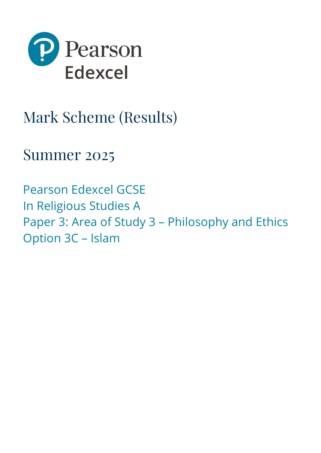 Pearson Edexcel GCSE Religious Studies Paper 3C  2025 MS