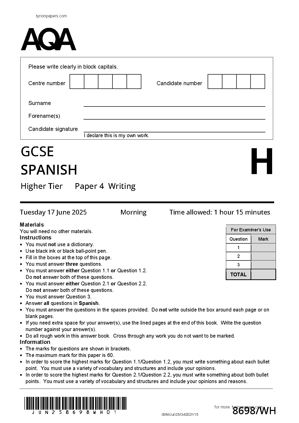 AQA GCSE Spanish Higher Writing Paper 4h 2025 Q P IMG-1