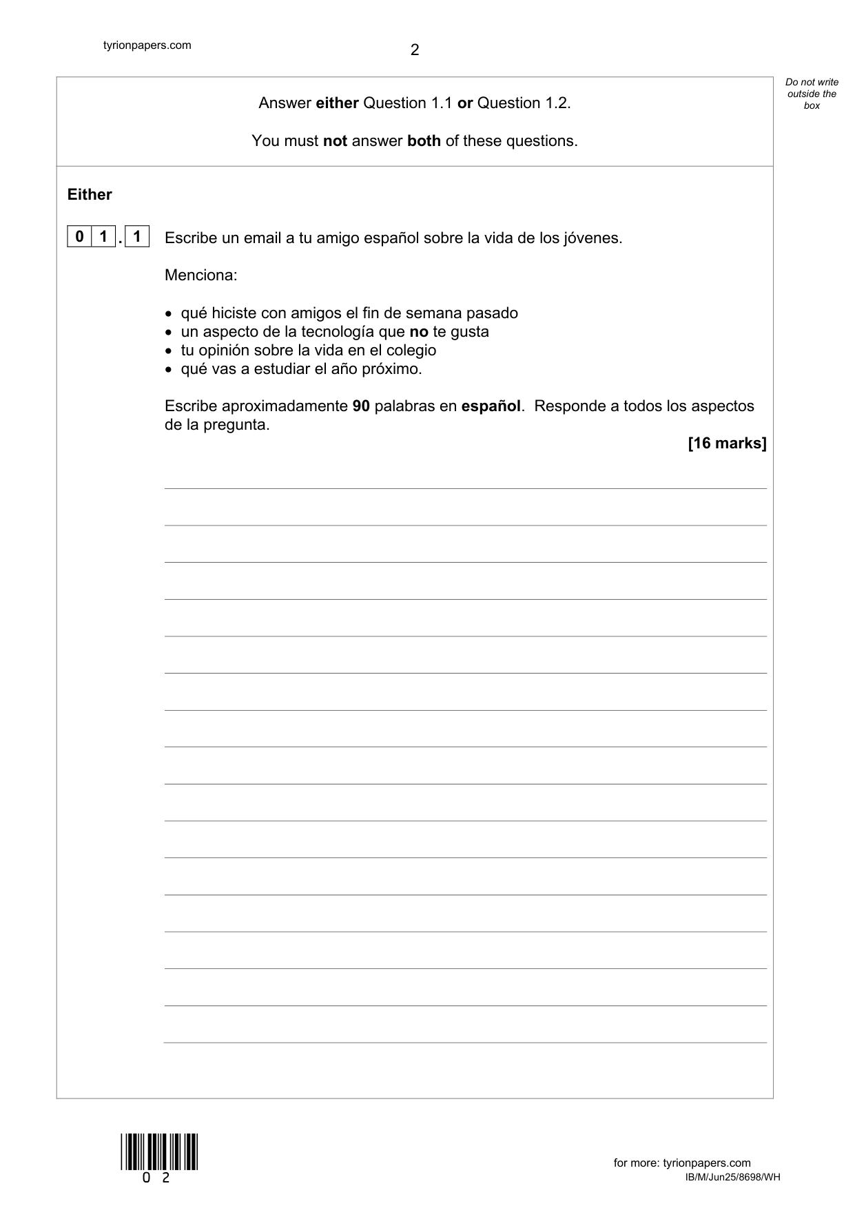 AQA GCSE Spanish Higher Writing Paper 4h 2025 Q P