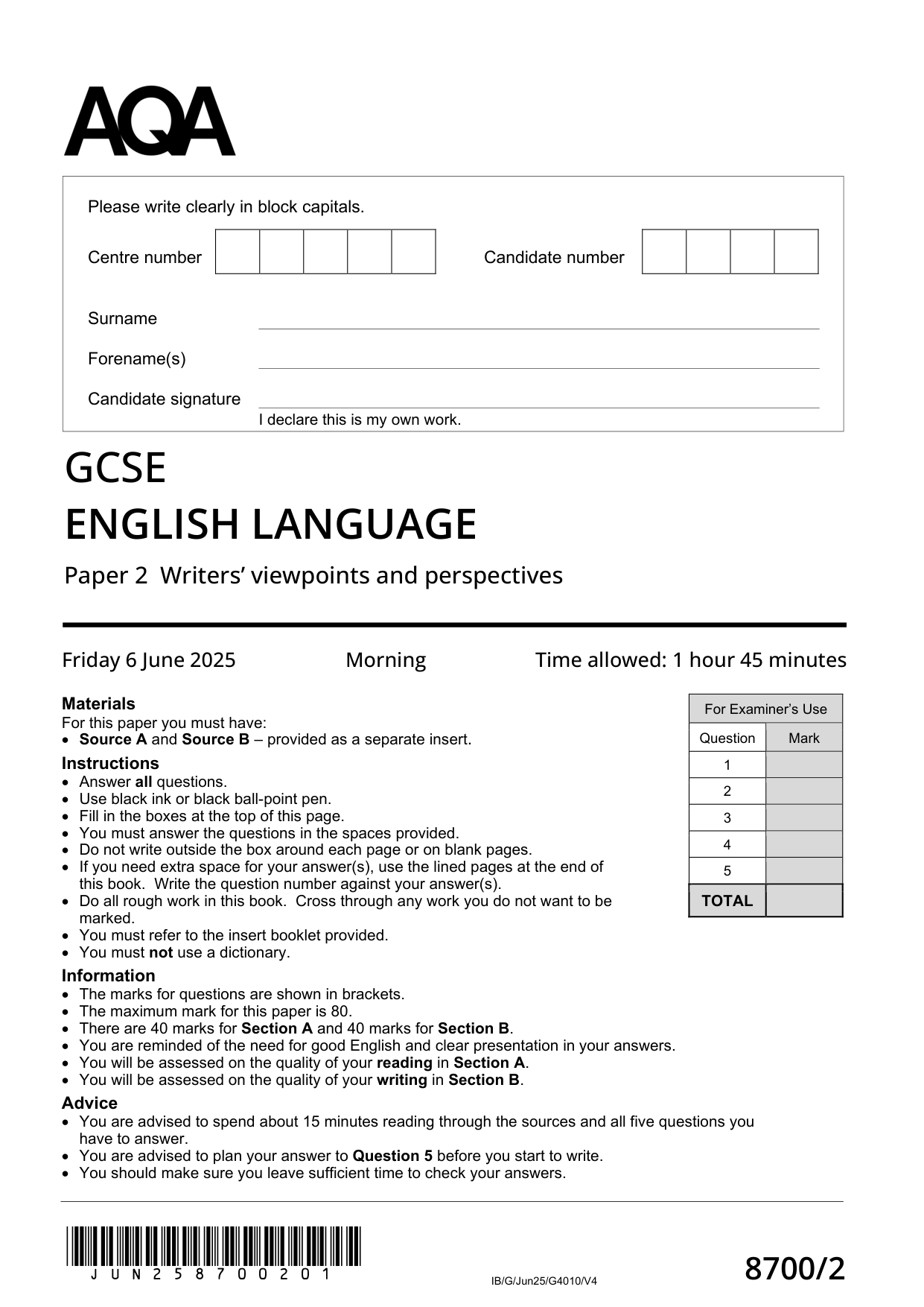 AQA GCSE English Language Paper 2 2025 QP