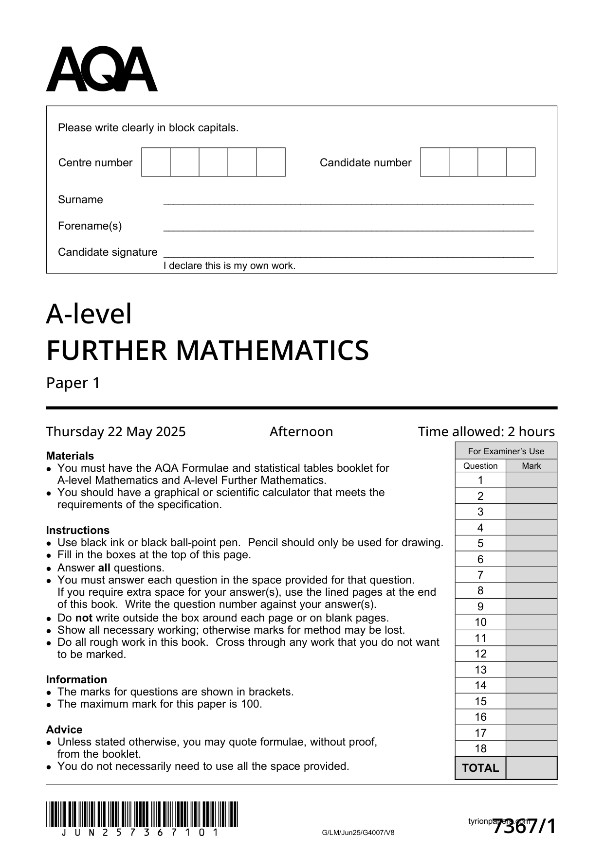 AQA A Level Further Mathematics Paper 1 2025 Question PDF