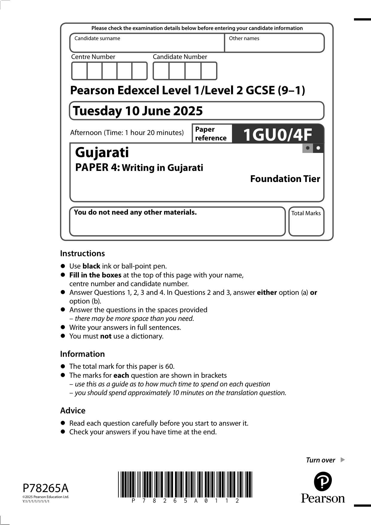 Pearson Edexcel GCSE Gujarati Paper 4F 2025 Question Paper
