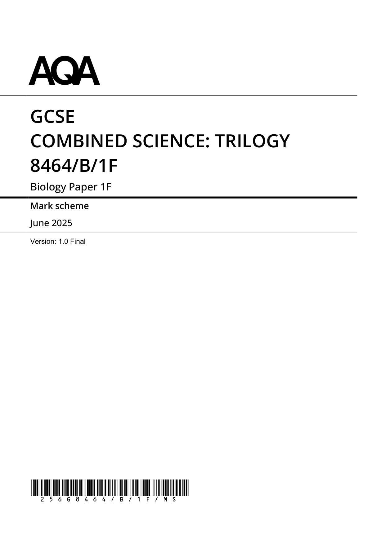 AQA GCSE Trilogy Biology 1F 2025 Mark Scheme PDF