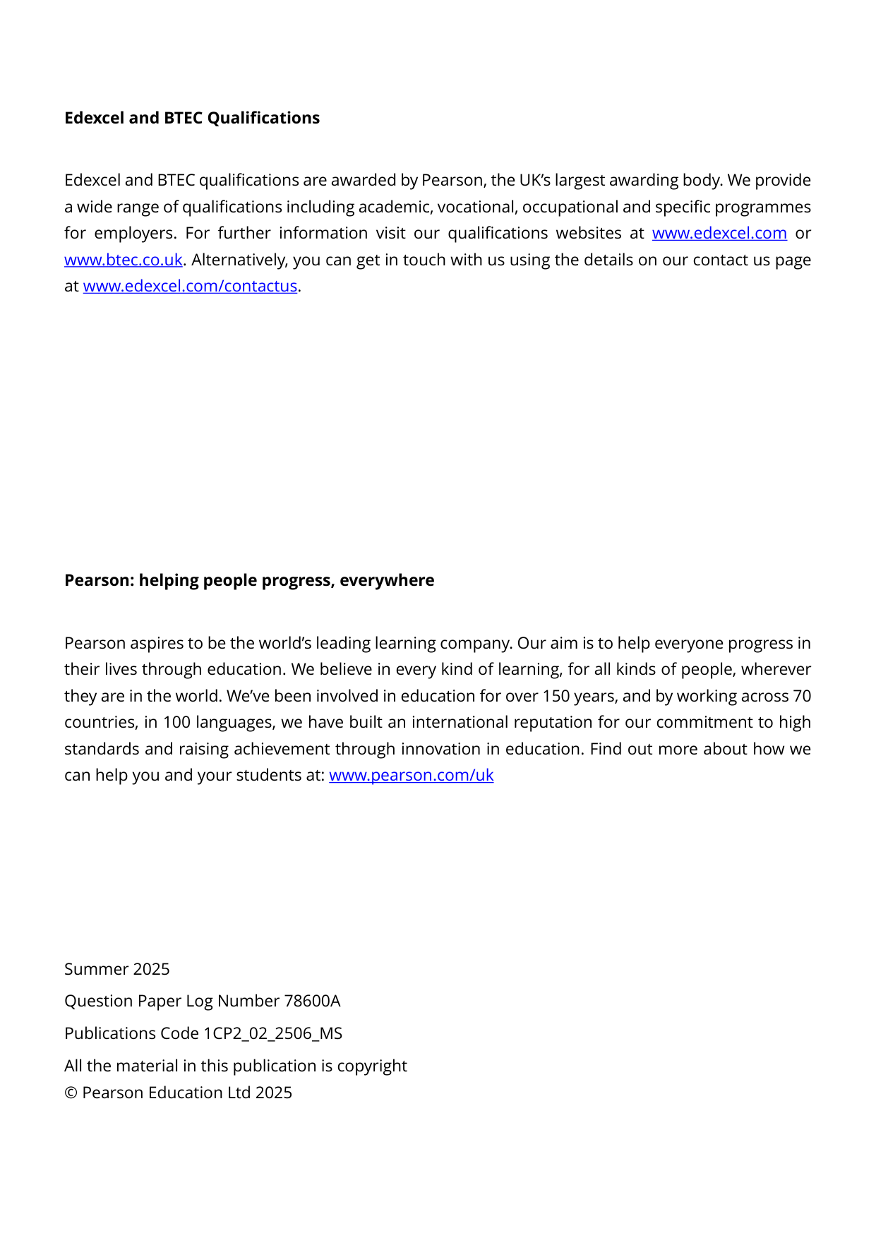 Pearson Edexcel GCSE Computer Science Paper 2 2025 M S
