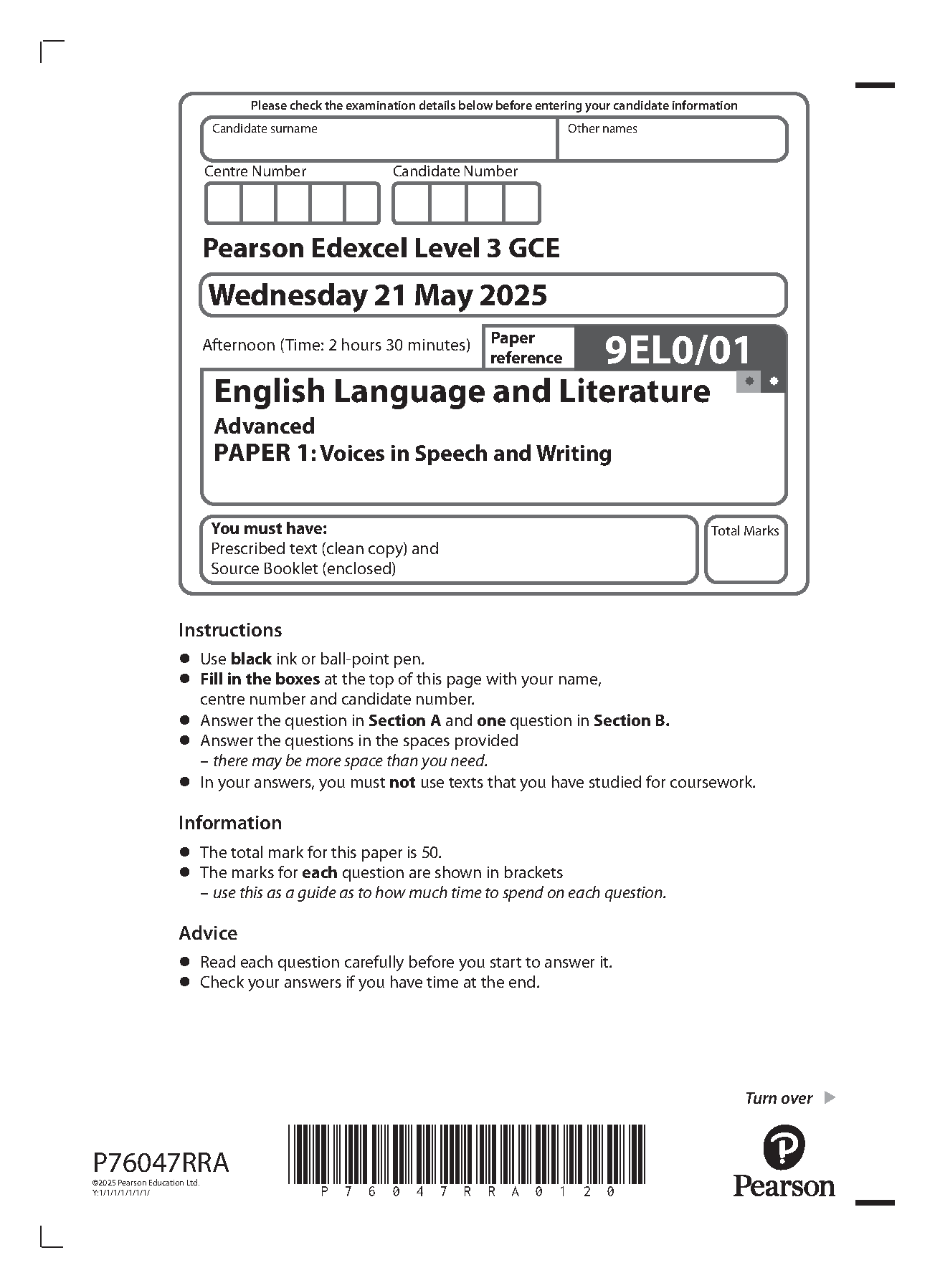 Pearson Edexcel A Level English Language and Literature QP IMG-1