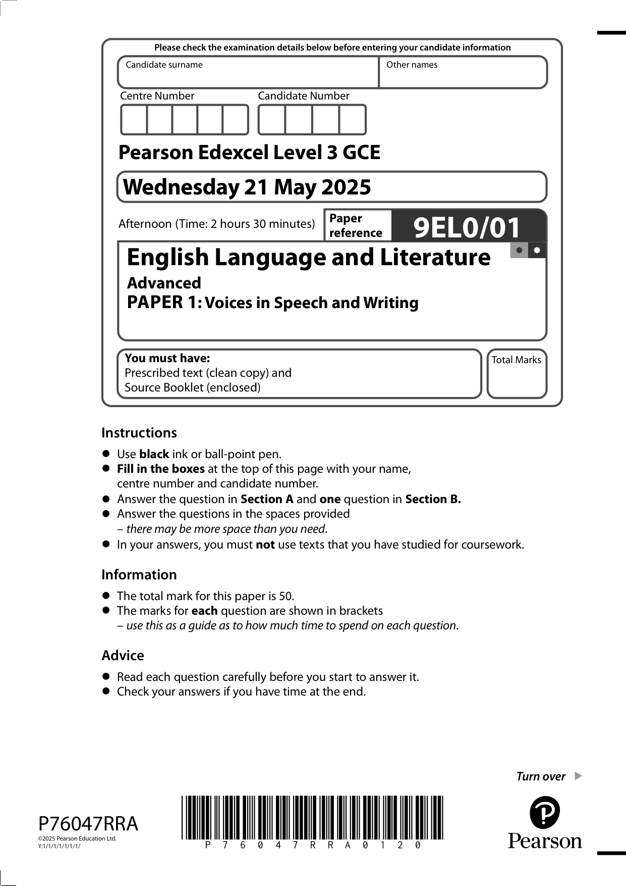 Pearson Edexcel A Level English Language and Literature QP