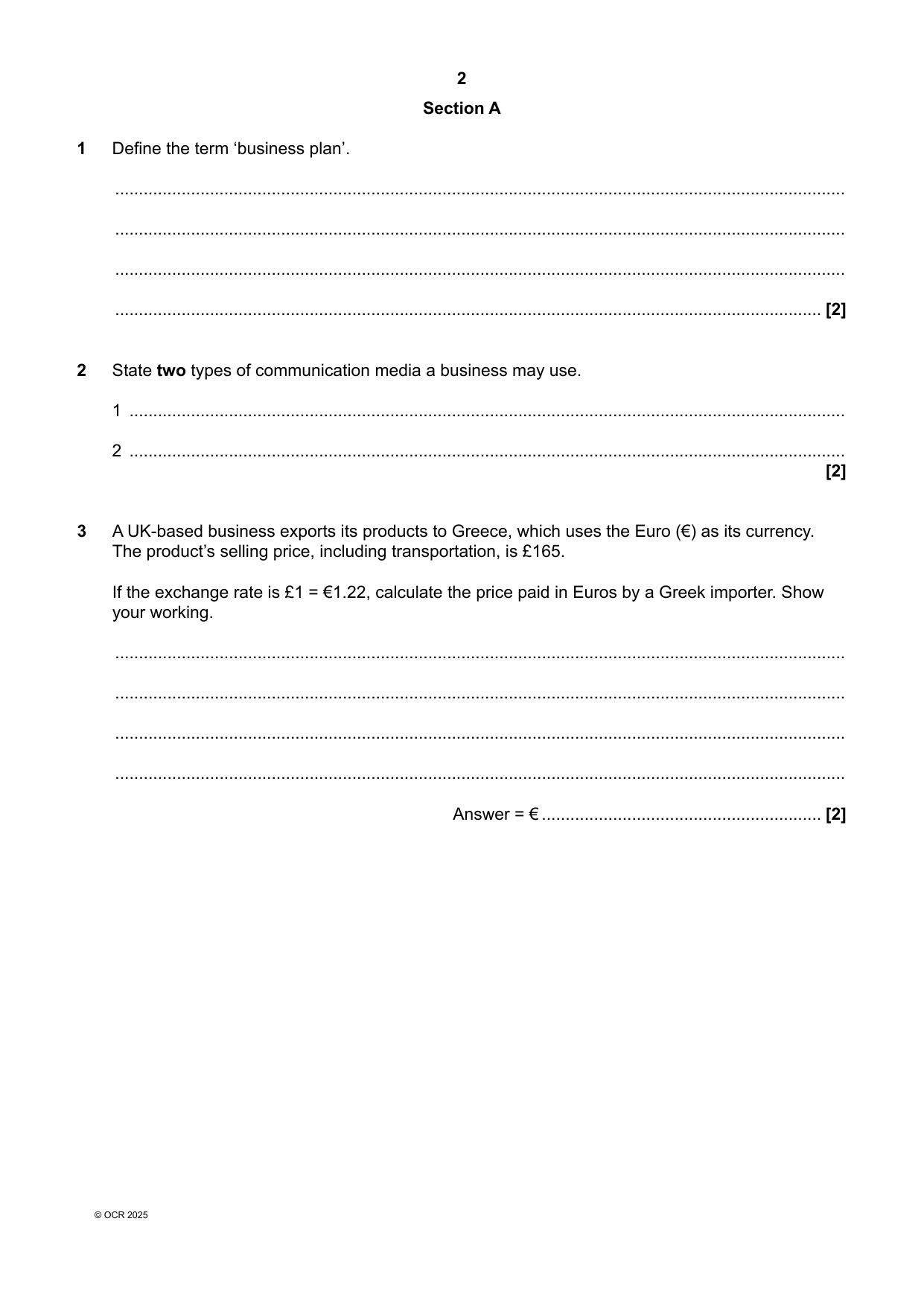 OCR A Level Business Paper 2 2025 Question Paper