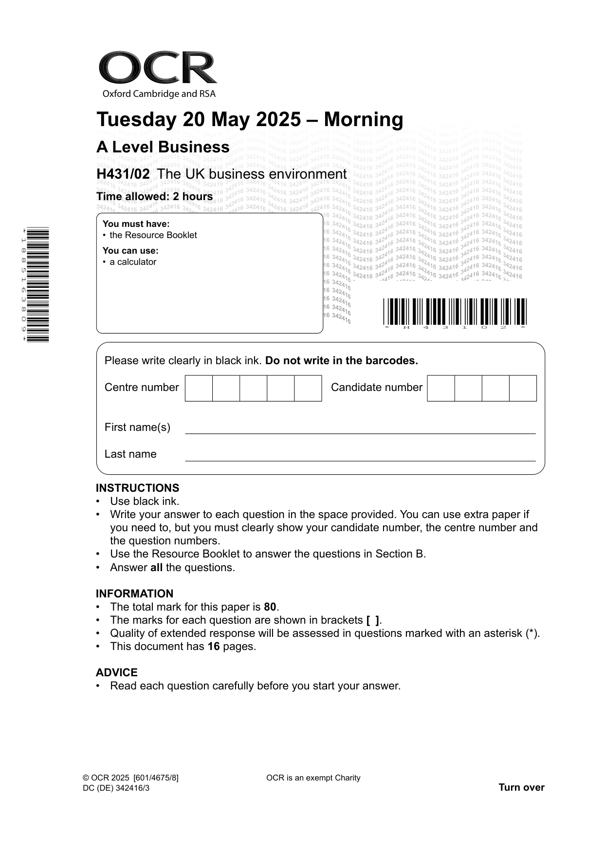 OCR A Level Business Paper 2 2025 Question Paper