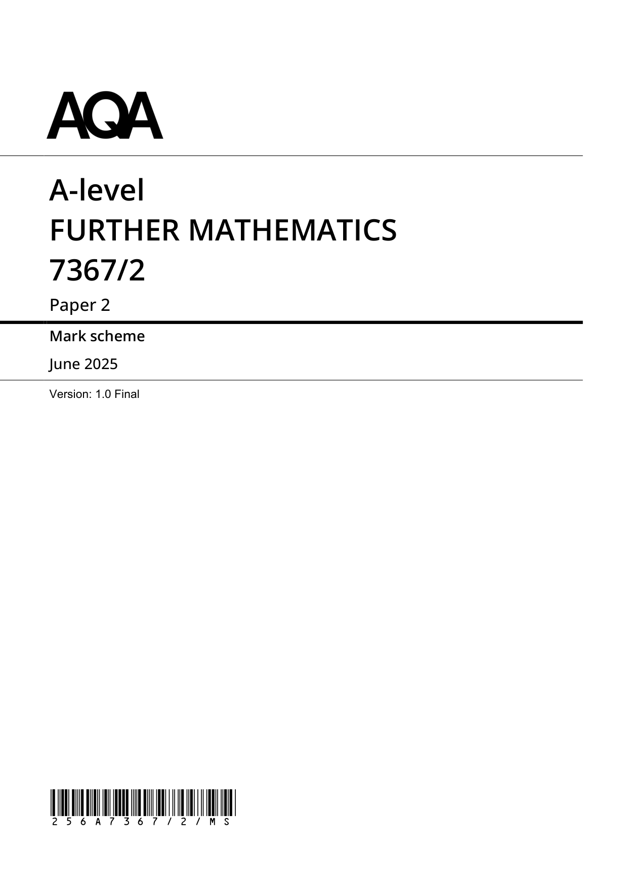 AQA Further Mathematics Paper 2 2025 Mark Scheme PDF