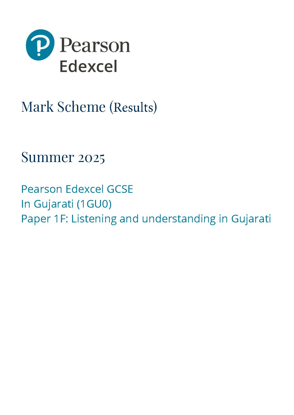 Pearson Edexcel GCSE Gujarati Paper 1F 2025 Mark Scheme PDF IMG-1