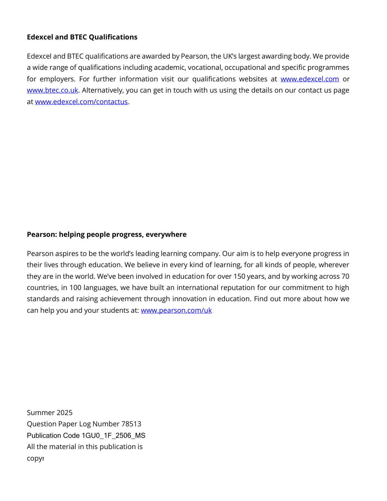 Pearson Edexcel GCSE Gujarati Paper 1F 2025 Mark Scheme PDF