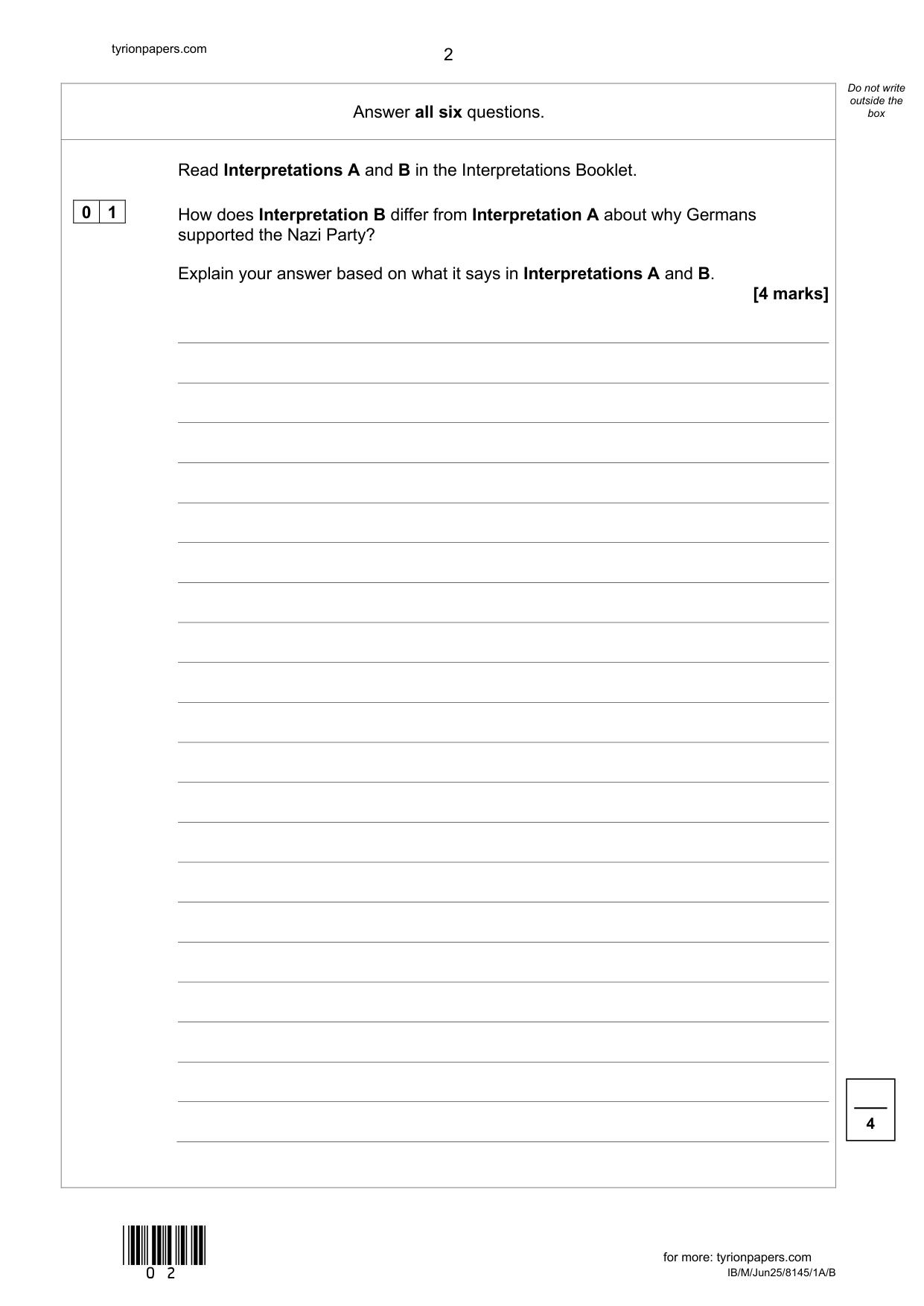 AQA GCSE History Paper 1A Section A/B 2025 Question Paper