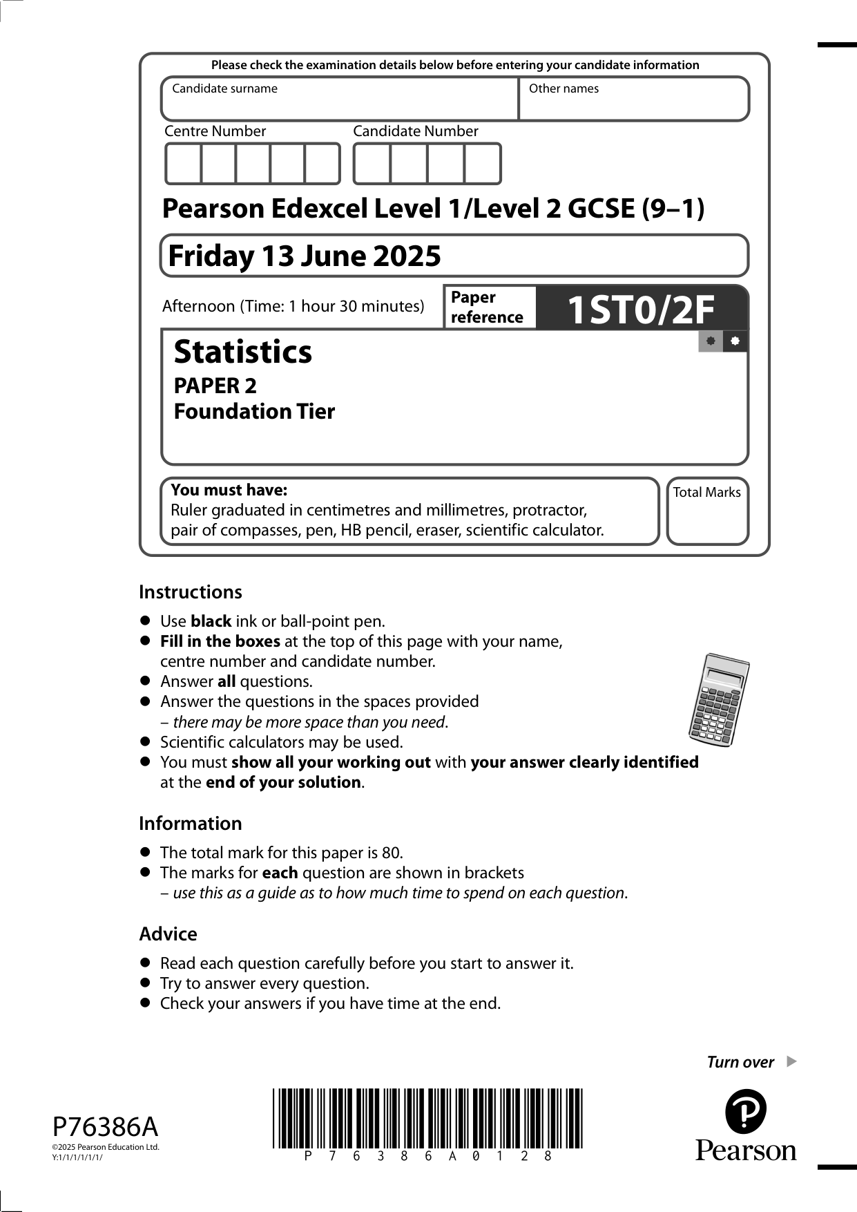 Pearson Edexcel GCSE Statistics Paper 2F 2025 Question Paper