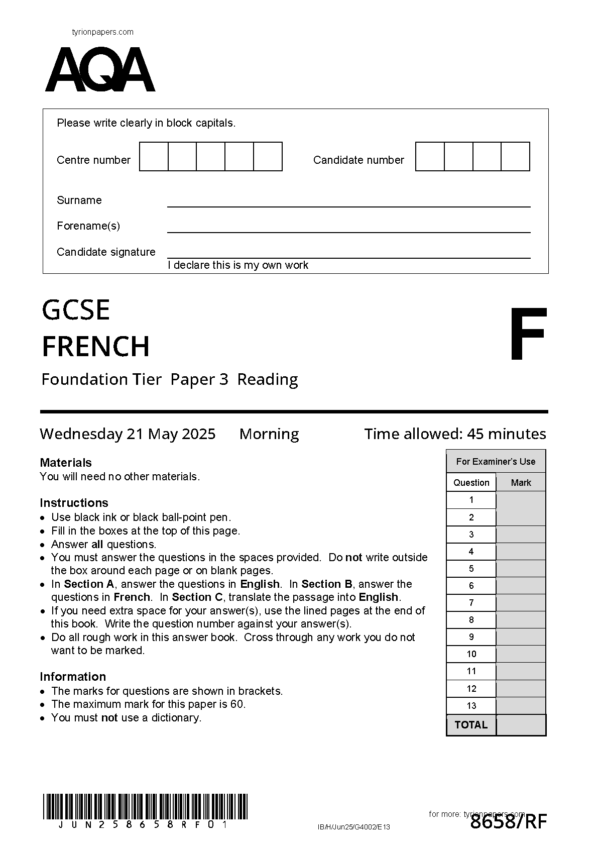 AQA GCSE French RF 2025 Reading Paper PDF IMG-1