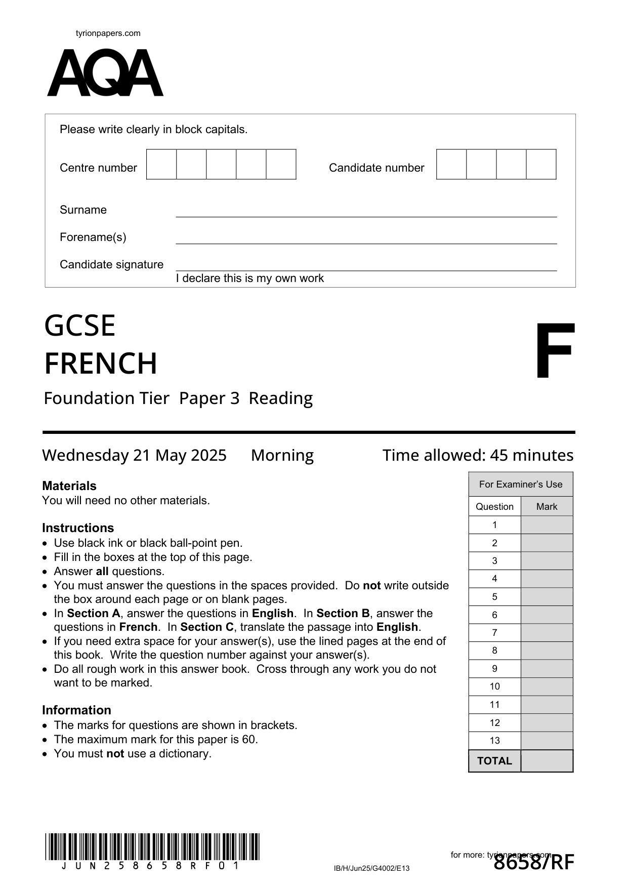 AQA GCSE French RF 2025 Reading Paper PDF
