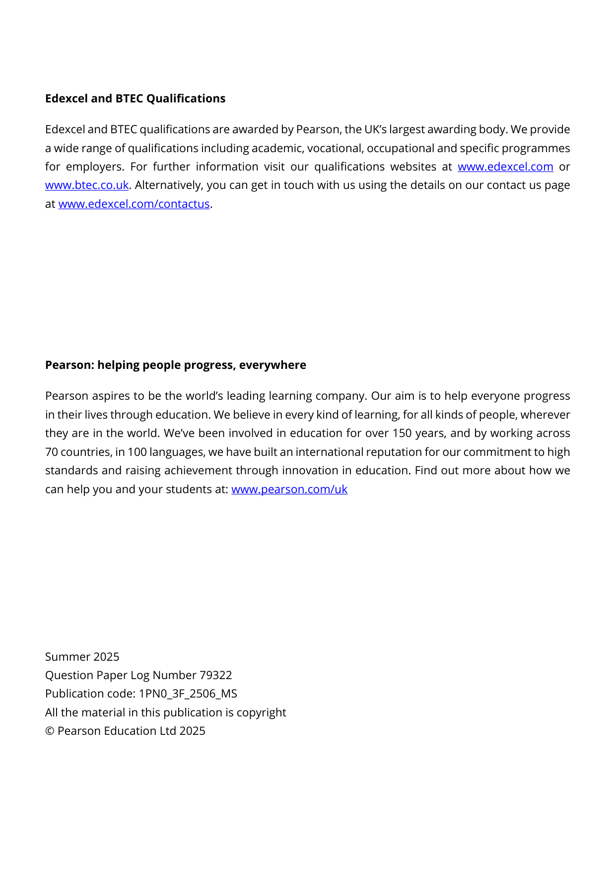 Pearson Edexcel GCSE Persian Paper 3F 2025 Mark Scheme