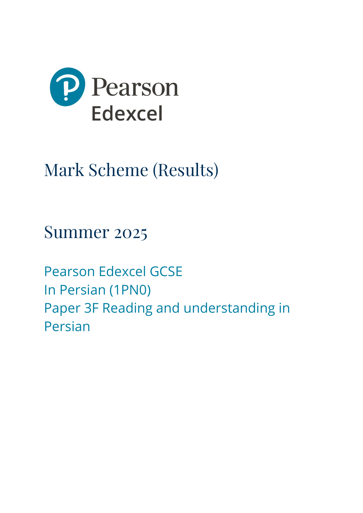 Pearson Edexcel GCSE Persian Paper 3F 2025 Mark Scheme