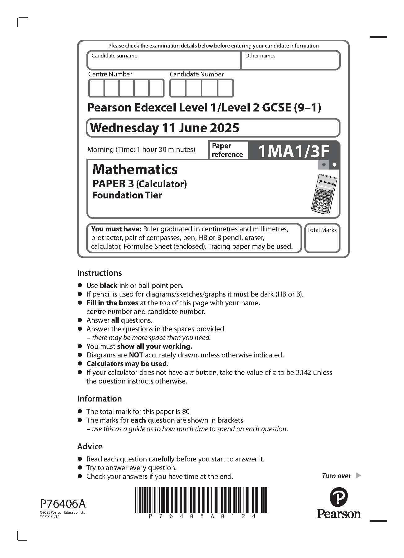 Pearson Edexcel GCSE Maths Paper 3F 2025 Question Paper PDF IMG-1