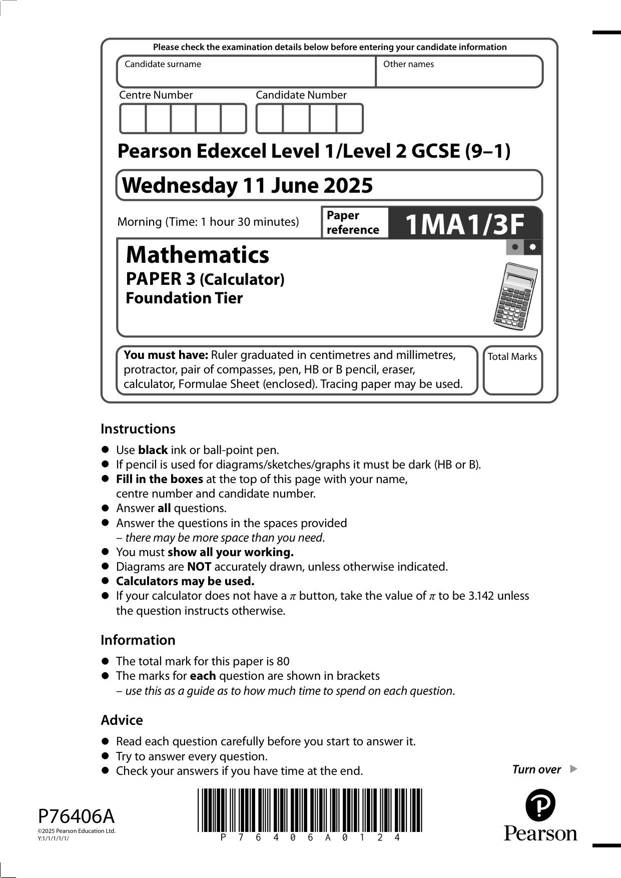 Pearson Edexcel GCSE Maths Paper 3F 2025 Question Paper PDF