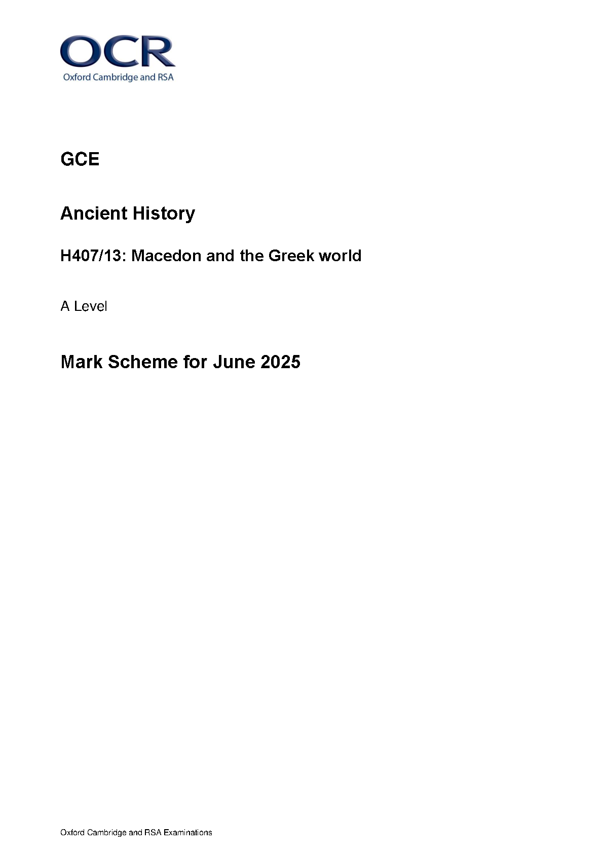 OCR A Level Ancient History Paper 13 2025 Mark Scheme