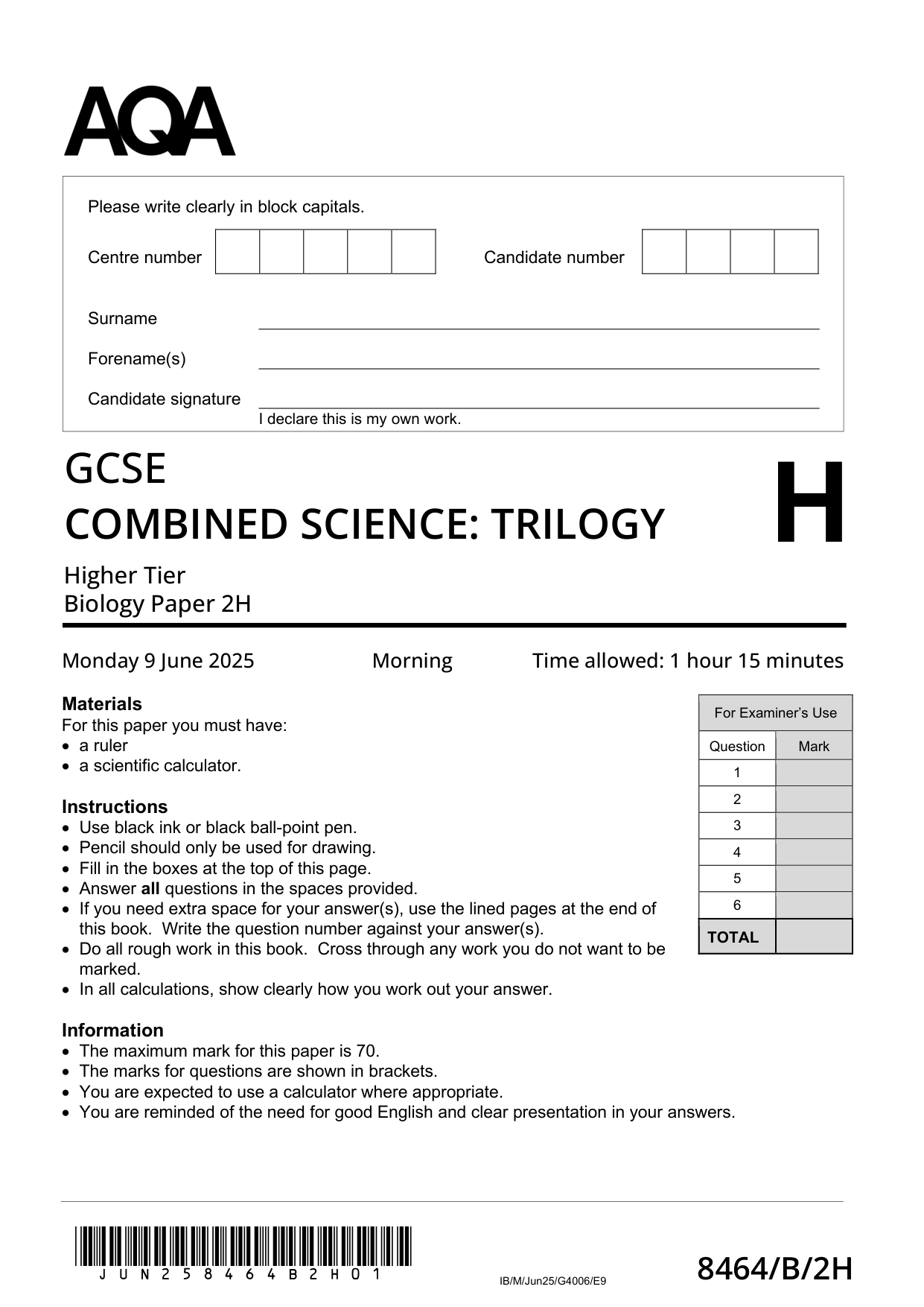 AQA GCSE Trilogy Biology 2H 2025 Question Paper PDF