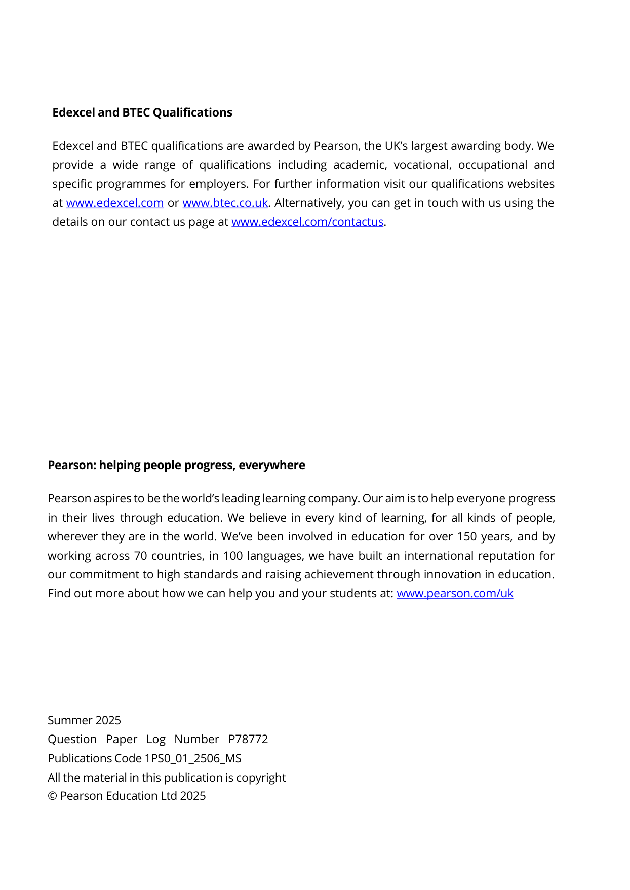 Pearson Edexcel GCSE Psychology Paper 1 2025 Mark Scheme
