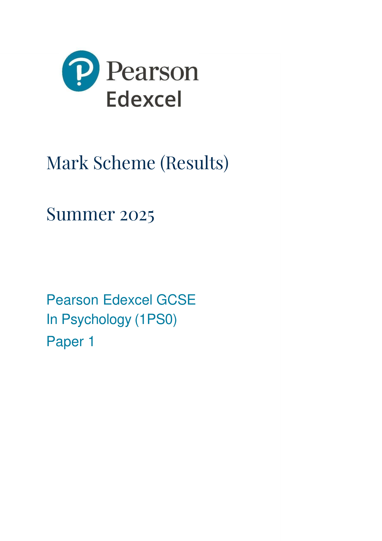 Pearson Edexcel GCSE Psychology Paper 1 2025 Mark Scheme