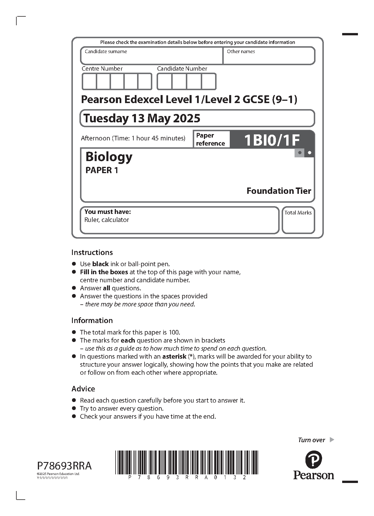 Pearson Edexcel GCSE Biology Paper 1F 2025 Question Paper