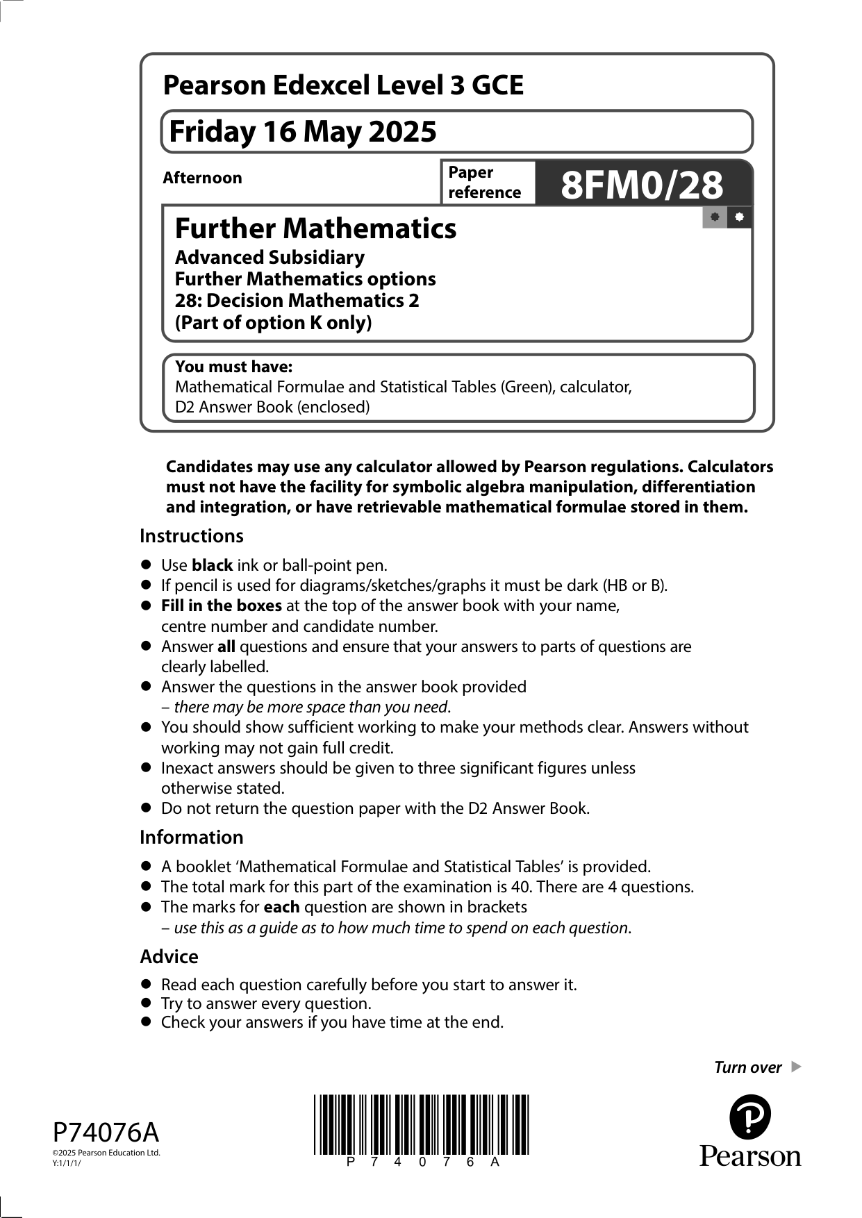 Pearson Edexcel AS Further Mathematics Paper 28 2025 QP