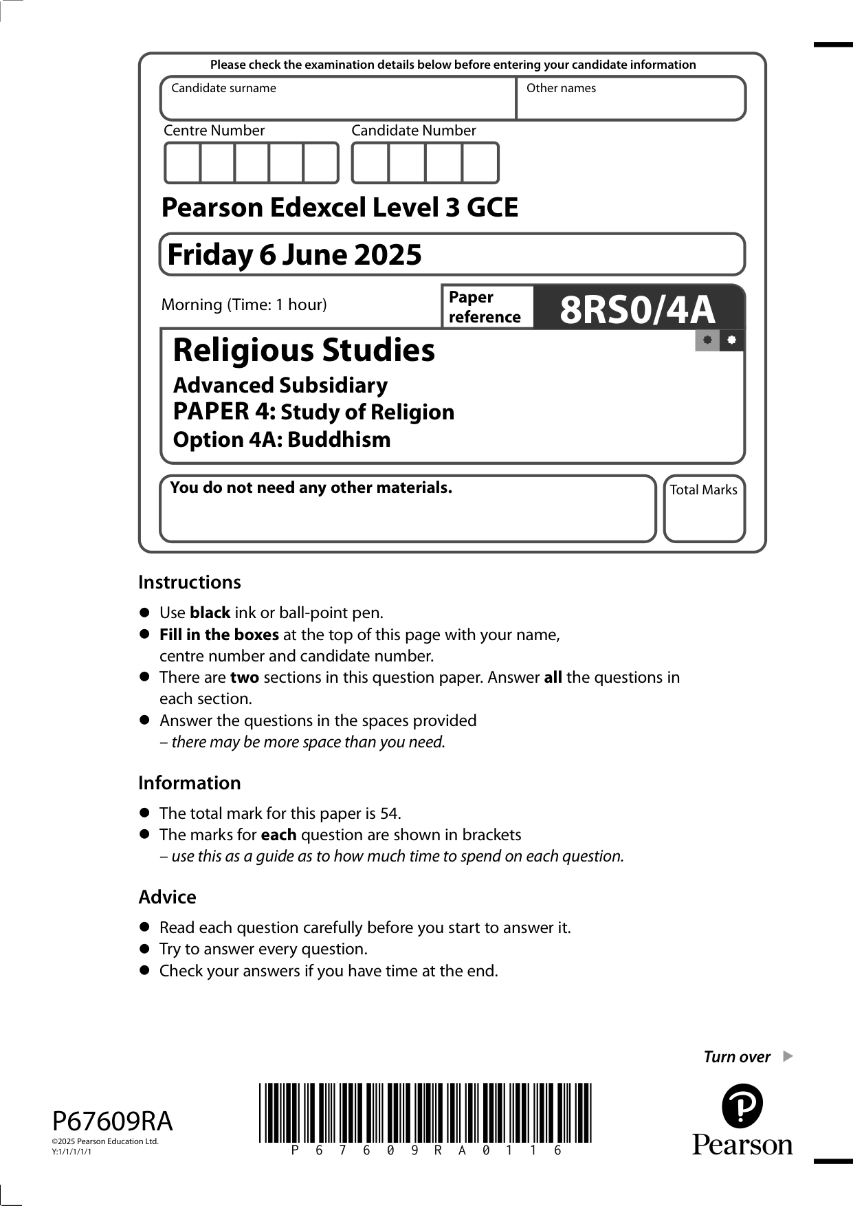 Pearson Edexcel AS Religious Studies Paper 4A 2025 QP