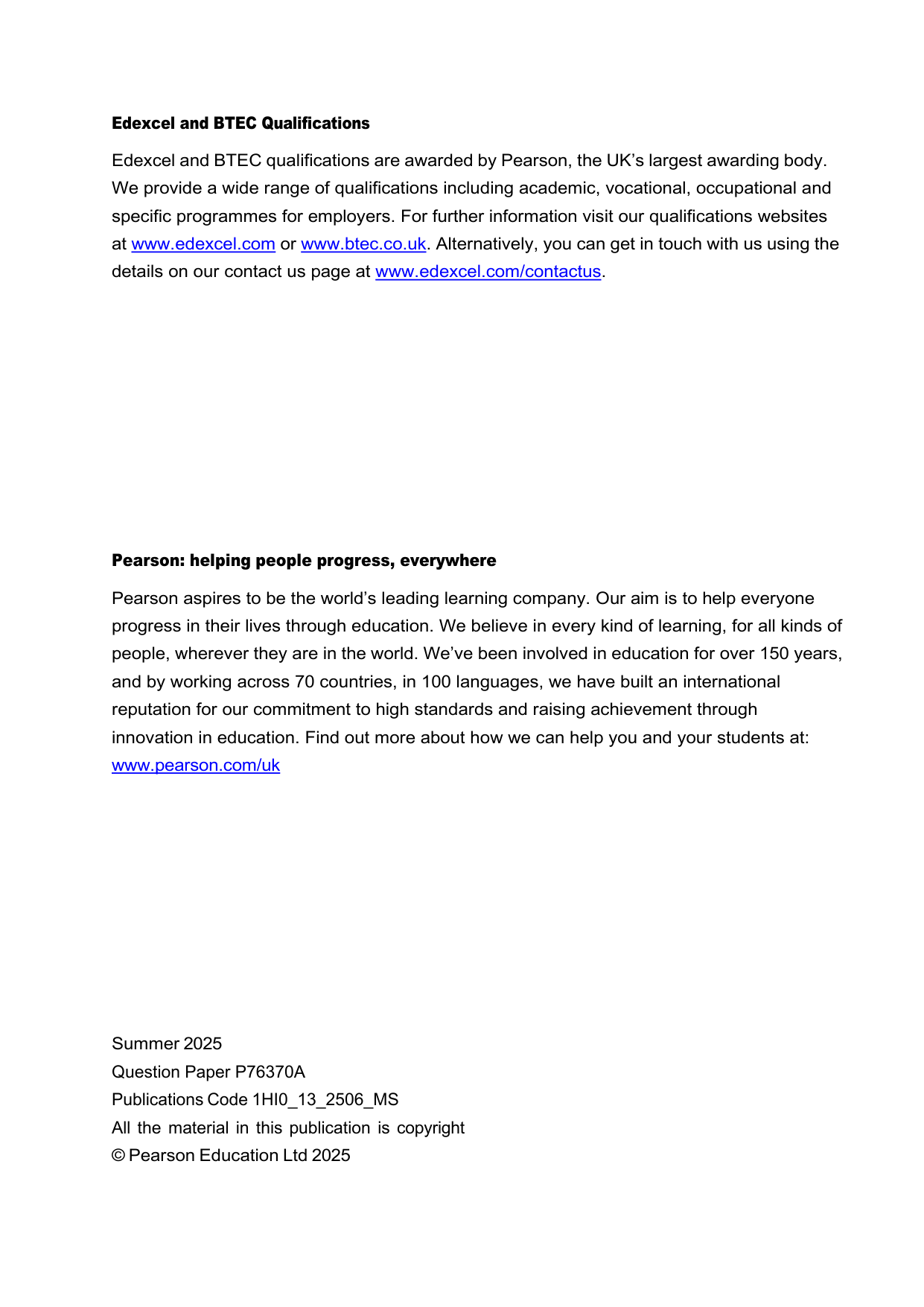 Pearson Edexcel GCSE History  Paper 1 Option 13 2025 MS