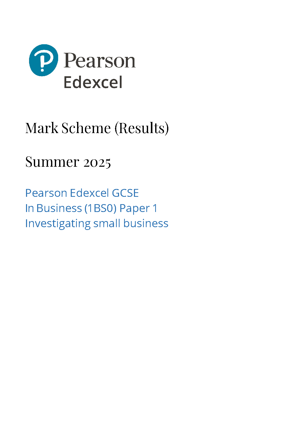 Pearson Edexcel A Level Business Paper 1 2025 Mark Scheme