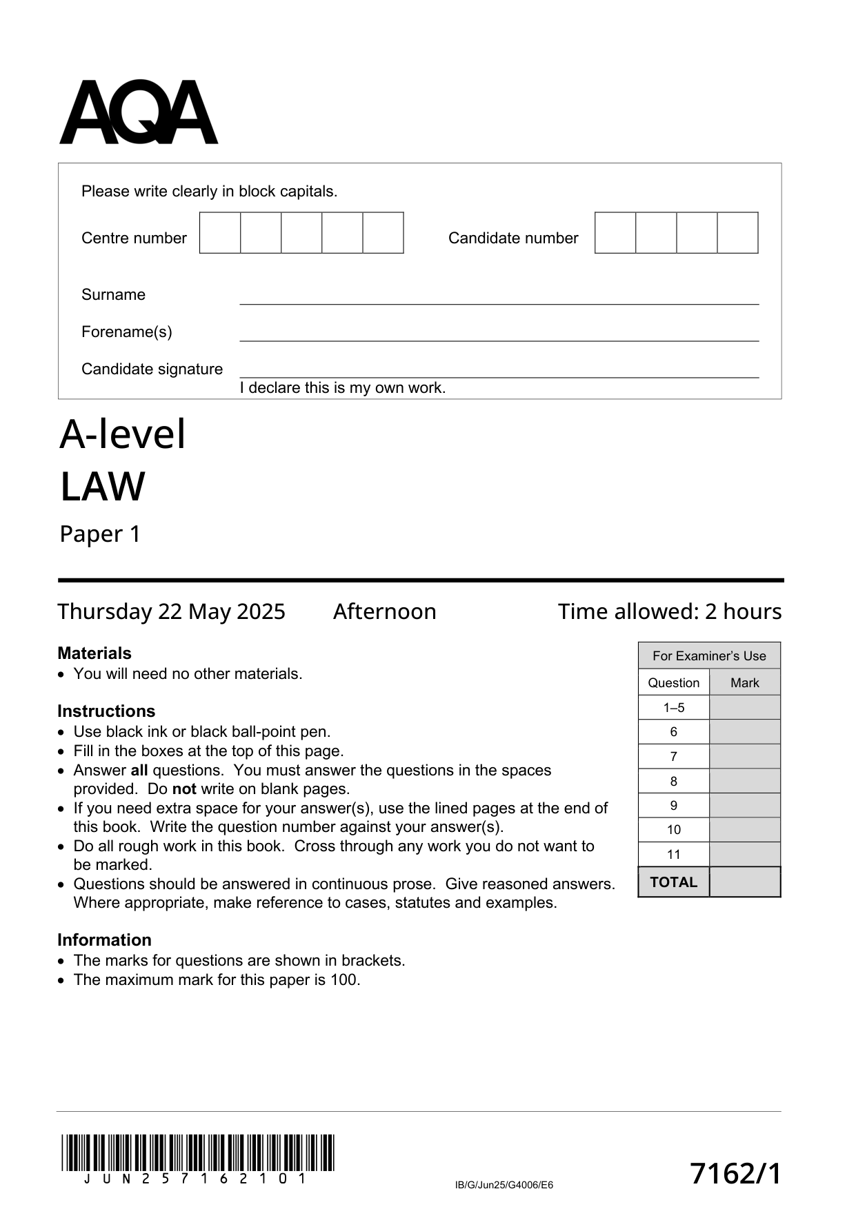 AQA A Level Law Paper 1 2025 QP PDF