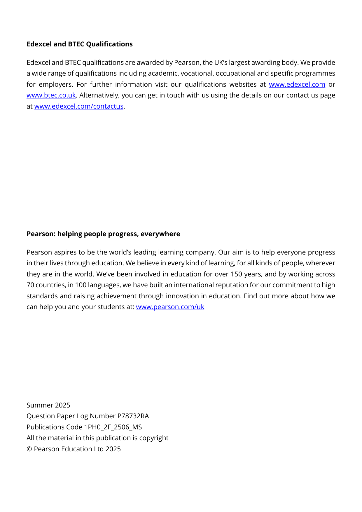 Pearson Edexcel GCSE Physics Paper 2F 2025 Mark Scheme