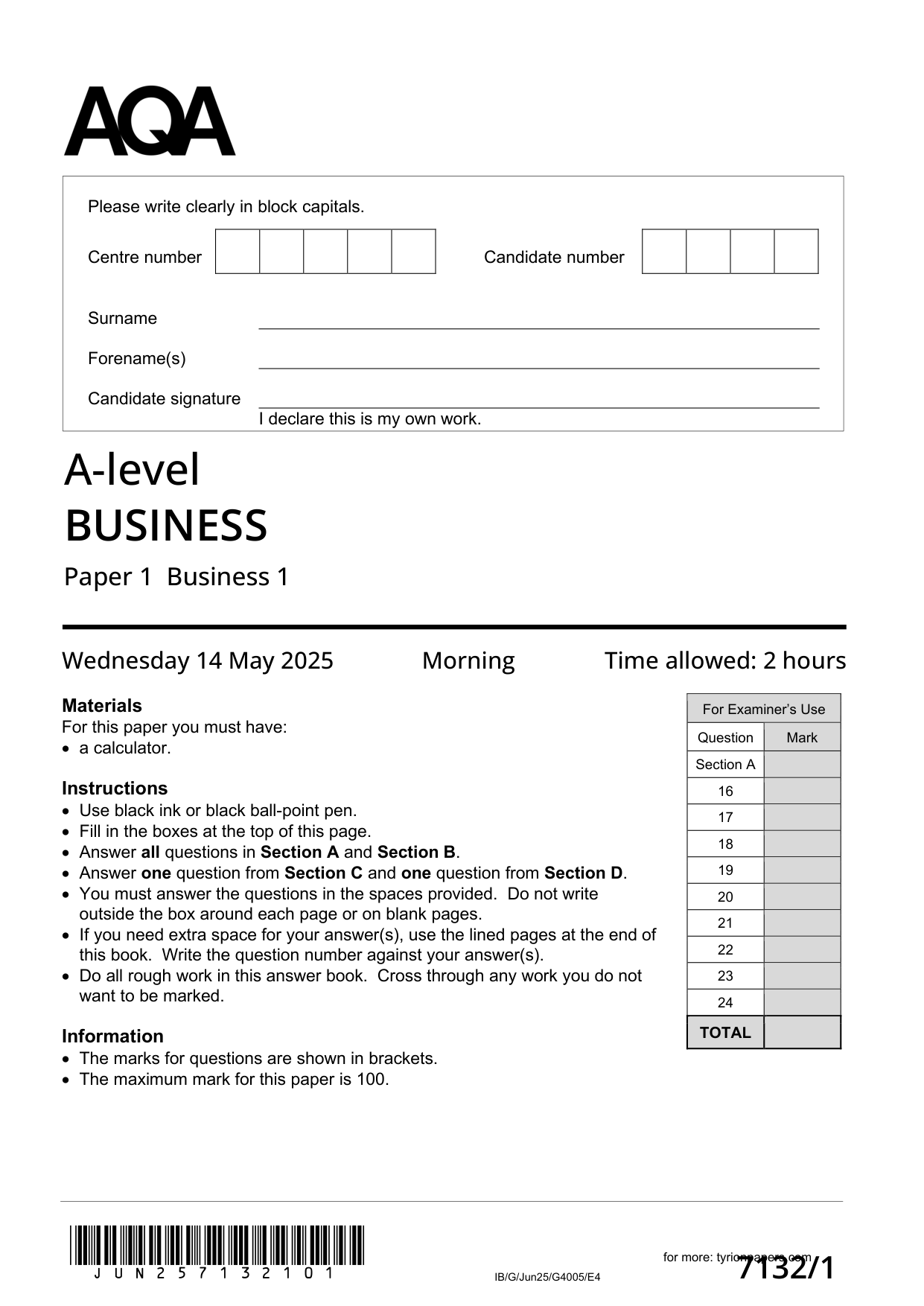 AQA A Level Business Paper 1 2025 Question Paper PDF