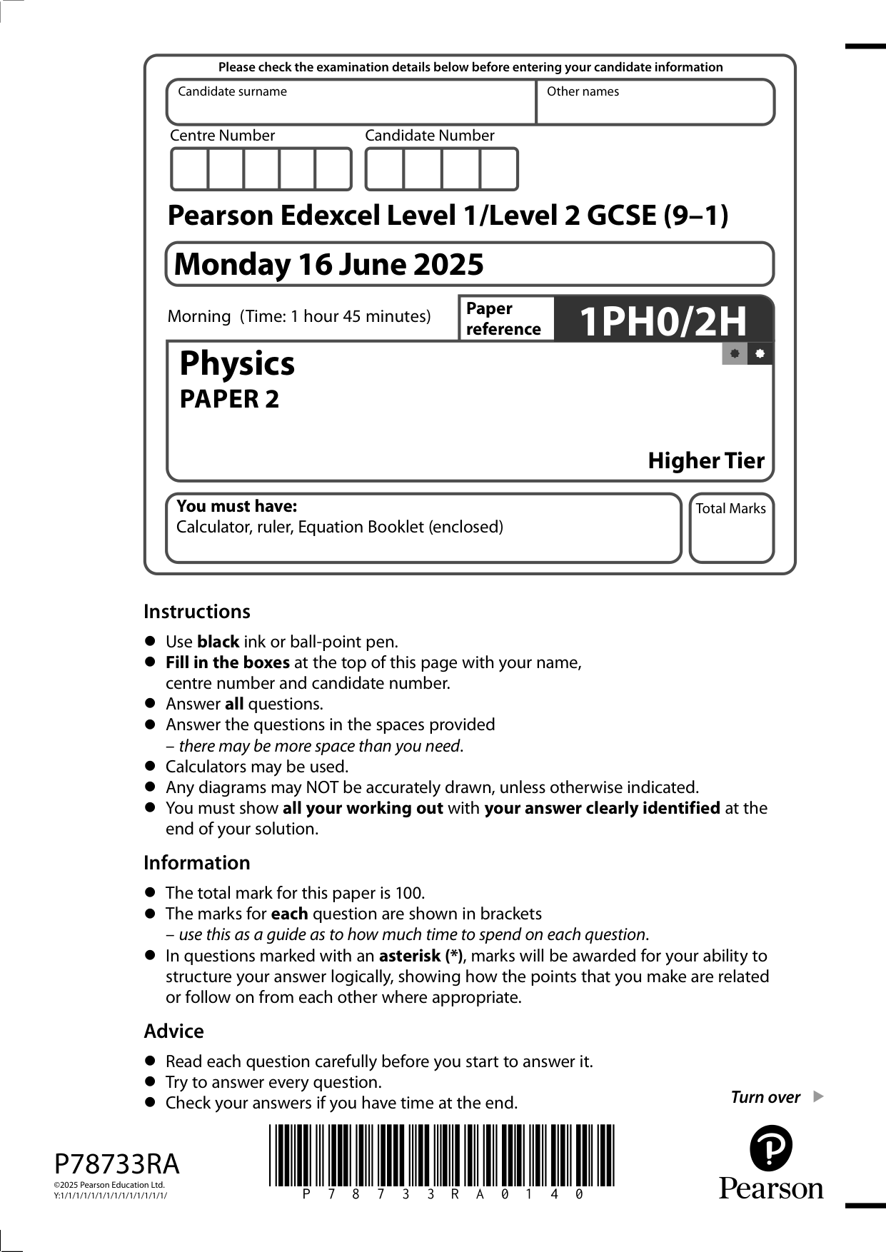 Pearson Edexcel GCSE Physics Paper 2H 2025 Question Paper